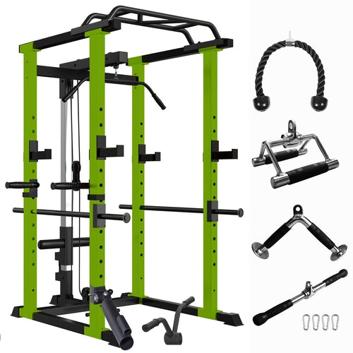 Green Multi-functional Power Cage, Home Adjustable Pullup Squat Rack