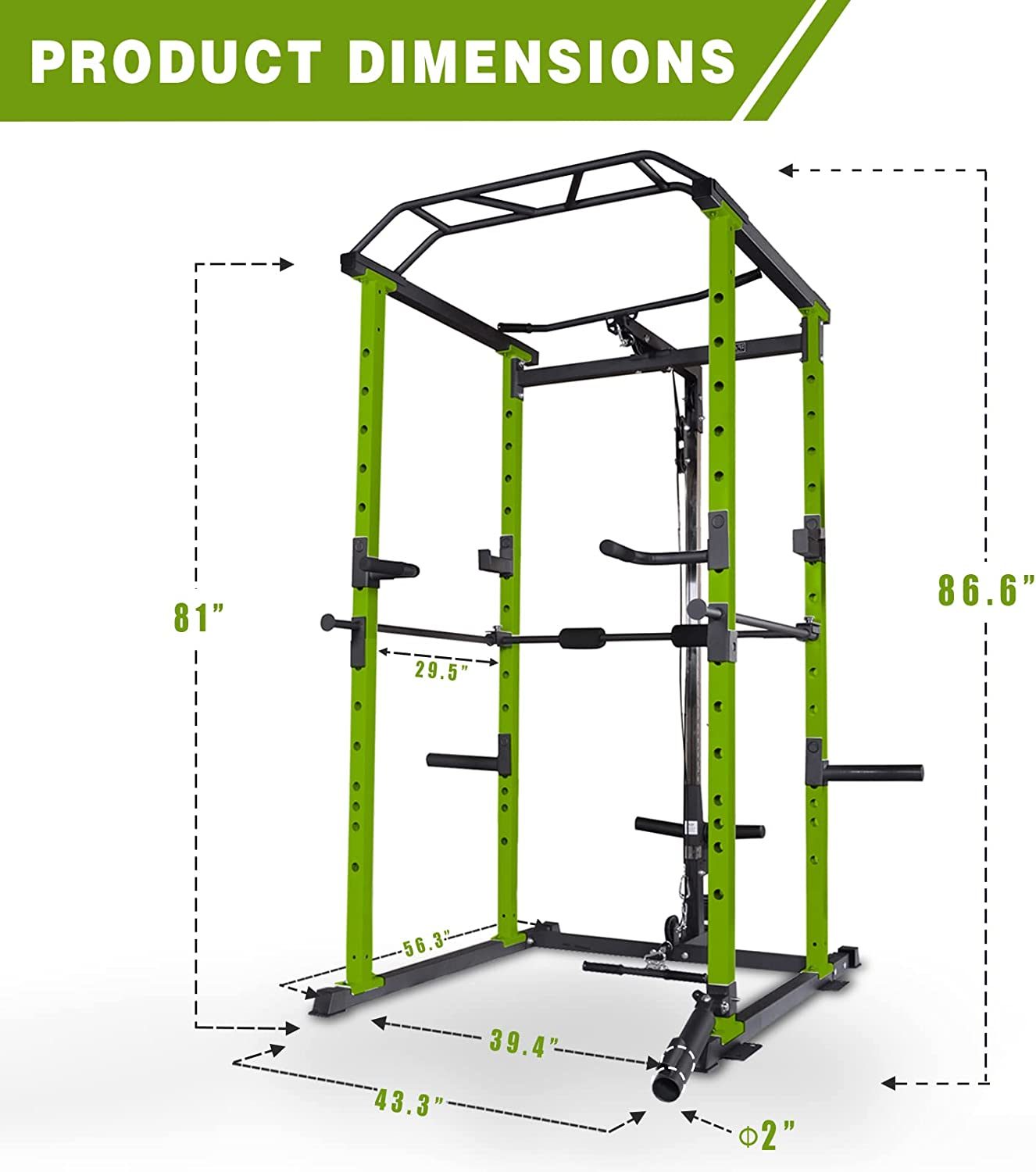 Green Multi-functional Power Cage, Home Adjustable Pullup Squat Rack