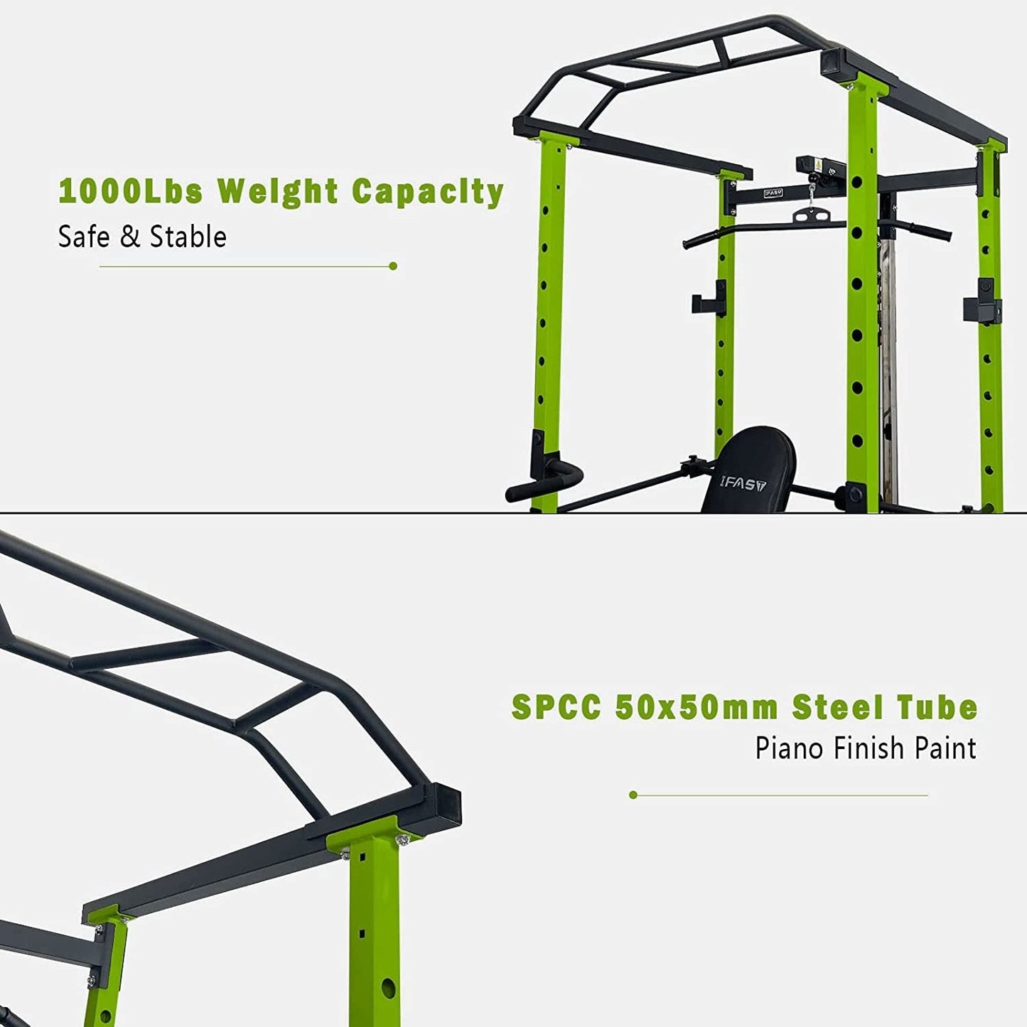 Green Multi-functional Power Cage, Home Adjustable Pullup Squat Rack