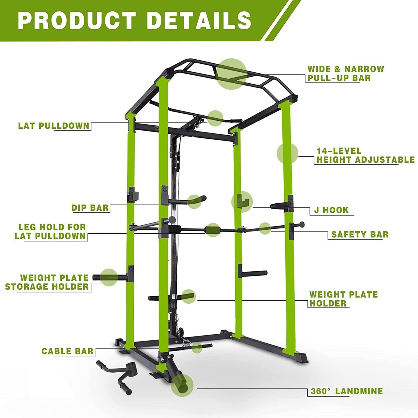 Green Multi-functional Power Cage, Home Adjustable Pullup Squat Rack